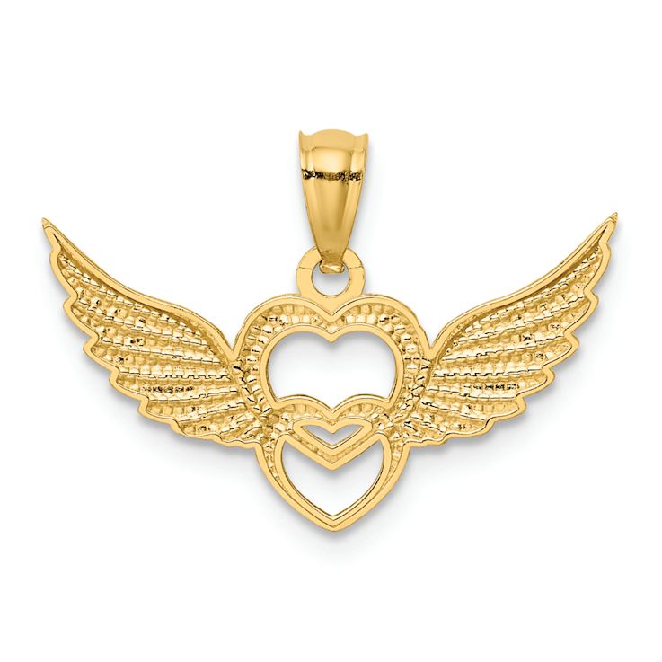 14k Two-tone Gold Polished and Textured Hearts with Wings Pendant