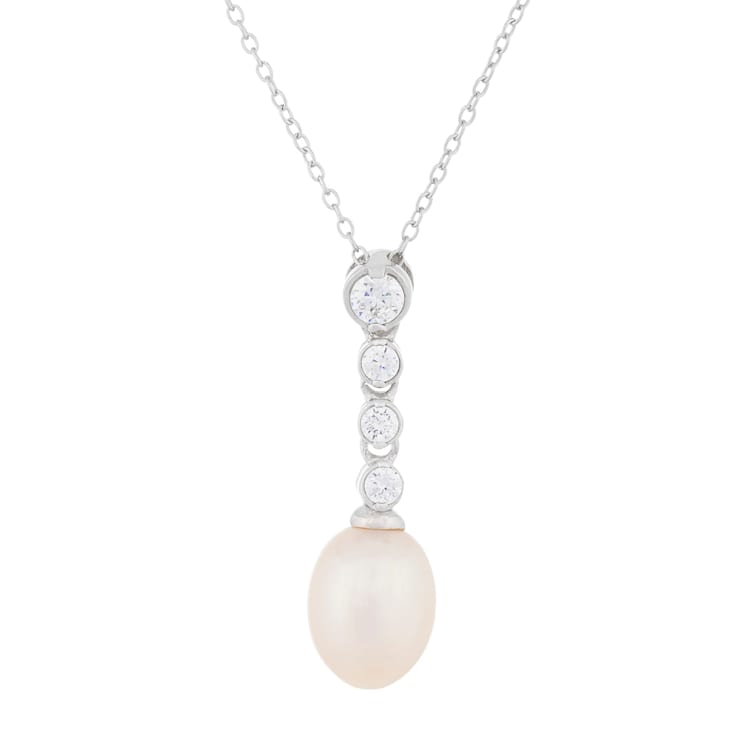 8-9mm White Cultured Freshwater Pearl Sterling Silver Pendant W/Chain