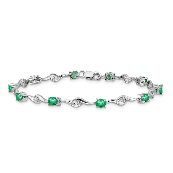 Rhodium Over 14k White Gold White Sapphire and Emerald Gemstone Bracelet