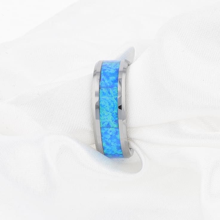 QUASAR Tungsten Wedding Band with Blue Green Opal Inlay 8mm