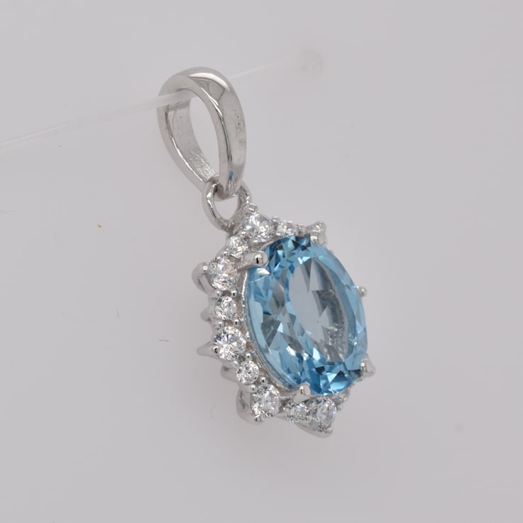 2.07ctw Oval Swiss Blue Topaz and Cubic Zirconia Rhodium Over Sterling
Silver Pendant