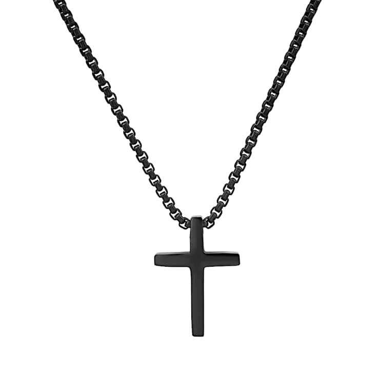 Men's Polished Cross Pendant With Chain In Black Ion-Plated Stainless Steel