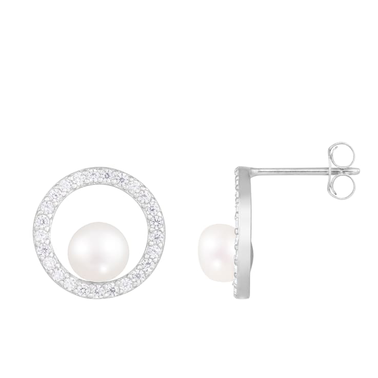 White Cultured Freshwater Pearl and Cubic Zirconia Rhodium Over Sterling
Silver 6-7mm Stud Earrings