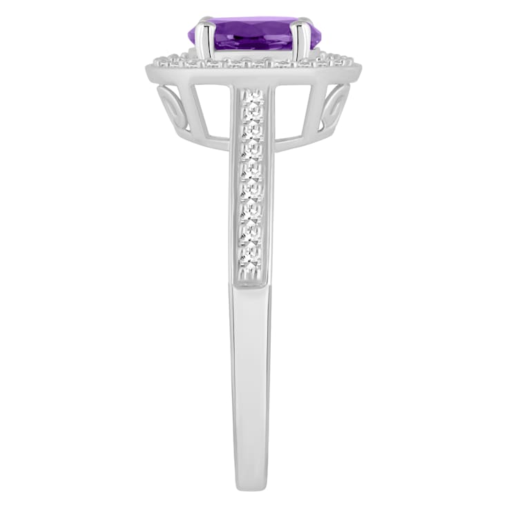 7mm Round Amethyst 1/5 ctw Diamond Rhodium Over Sterling Silver Halo Ring