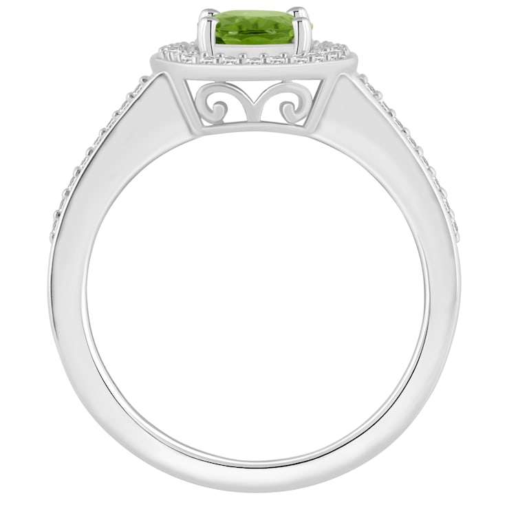 8x6mm Oval Peridot 1/5 ctw Diamond Rhodium Over Sterling Silver Halo Ring
