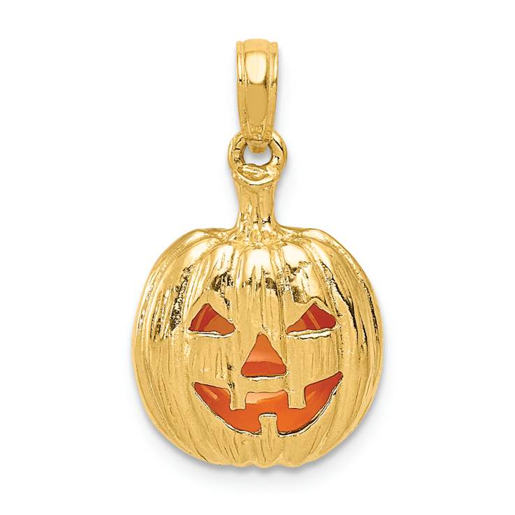 14k Yellow Gold Textured and Inside Enameled 3D Cut-Out Pumpkin Pendant