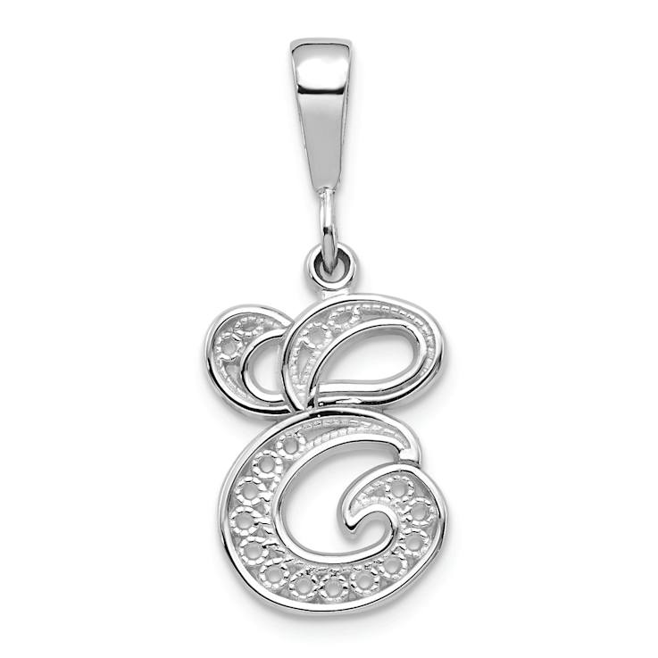 Rhodium Over 14k White Gold Solid Polished Script Filigree Textured
Letter E Initial Pendant