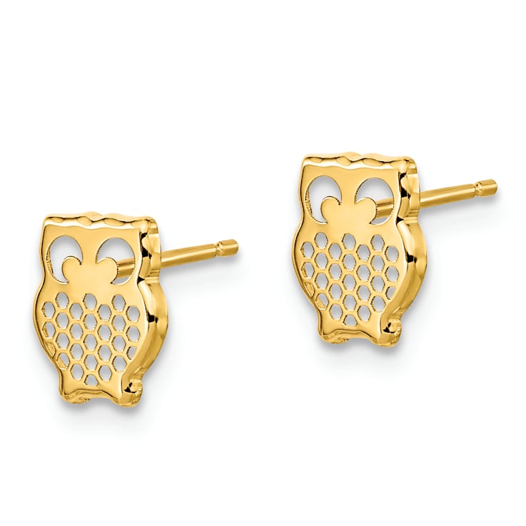 14k Yellow Gold Textured Owl Stud Earrings