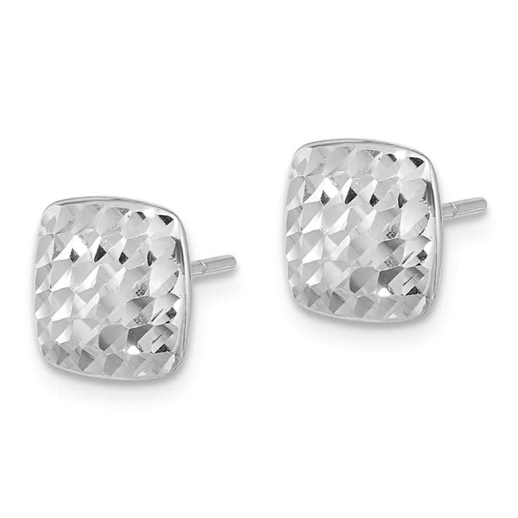Rhodium Over 14k White Gold 8.6mm Diamond-Cut Square Stud Earrings