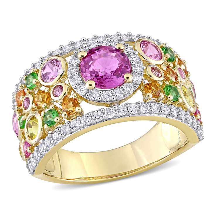 Pink, Orange Sapphire, Tsavorite and Diamond 14K Yellow Gold Ring 3.07ctw