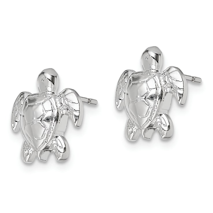 Rhodium Over Sterling Silver Polished Mini Sea Turtle Post Earrings