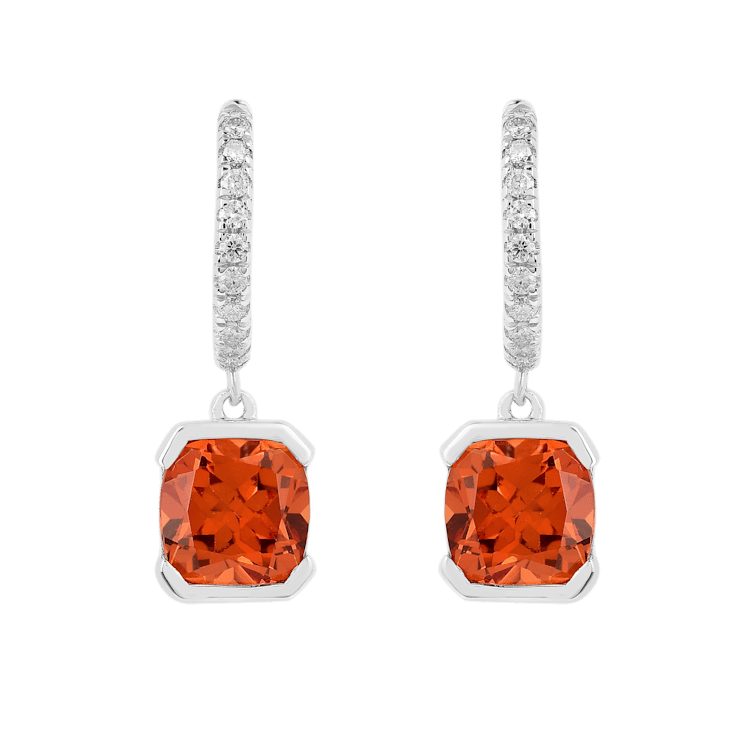 Peach Orange Lab Created Padparadscha Sapphire & Moissanite Rhodium
Over Silver Drop Earrings