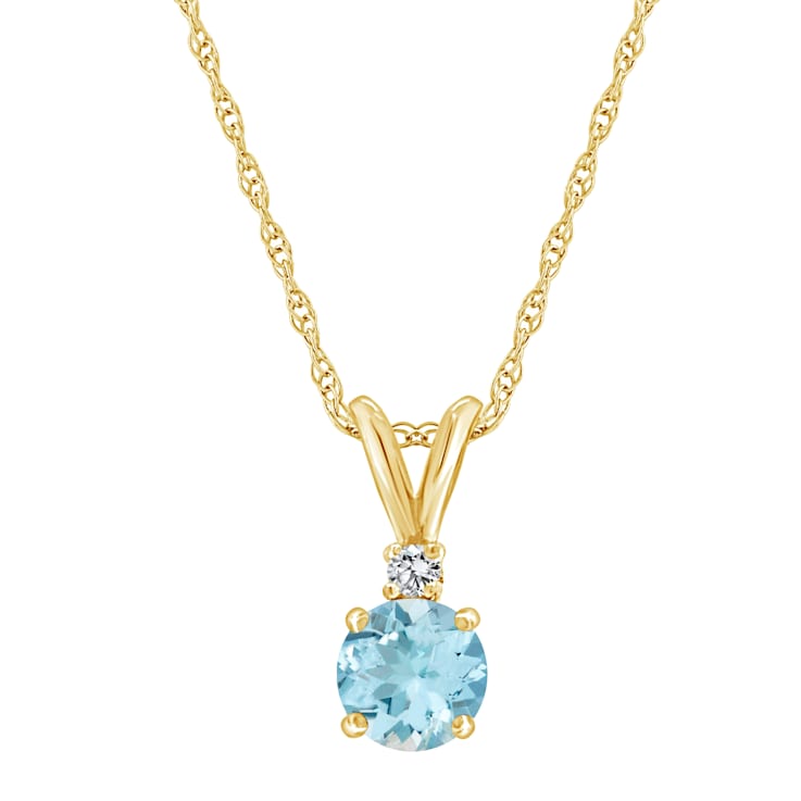 6mm Round Aquamarine with Diamond Accent 14k Yellow Gold Pendant With Chain
