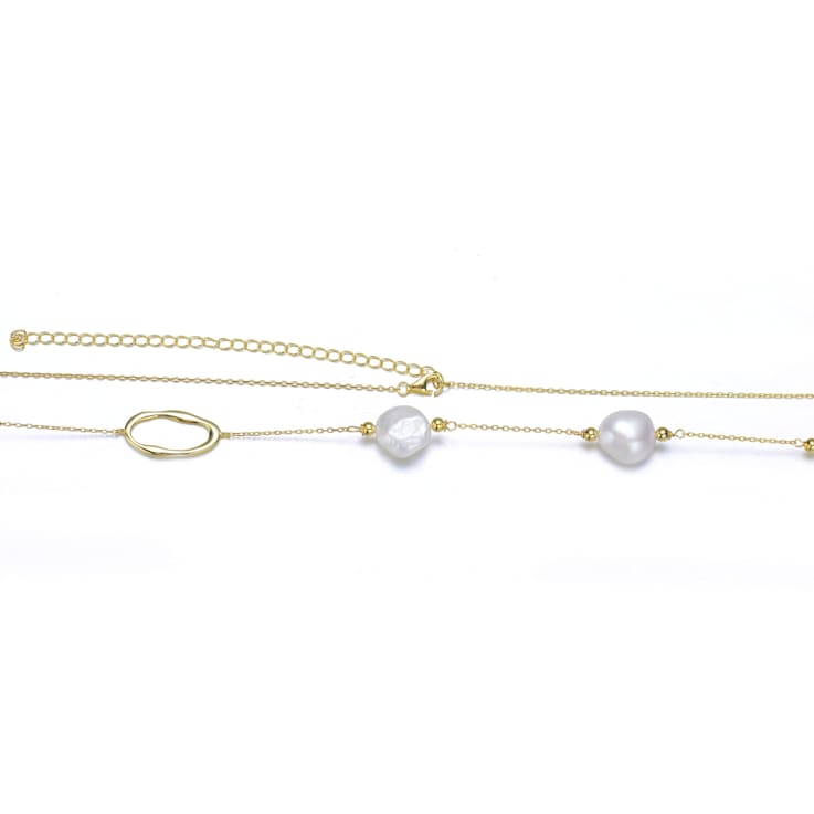 Pear Shape Freshwater Pearl Station Necklace In 14K Gold Over Sterling Silver