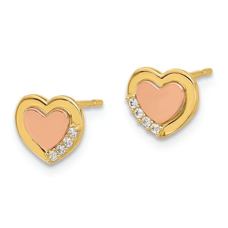 14k Two-tone Gold Children's Polished Cubic Zirconia Heart Stud Earrings
