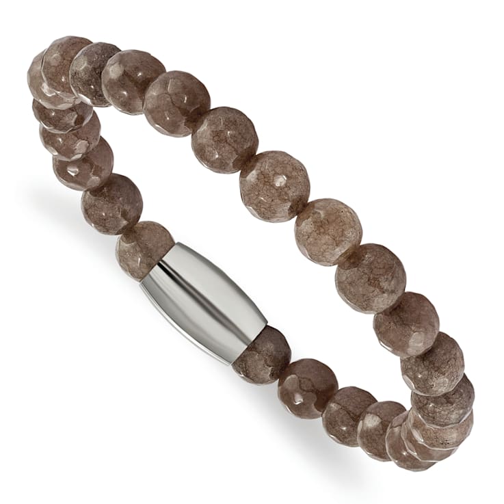 Stainless Steel Polished Brown Jade Bead Stretch Bracelet