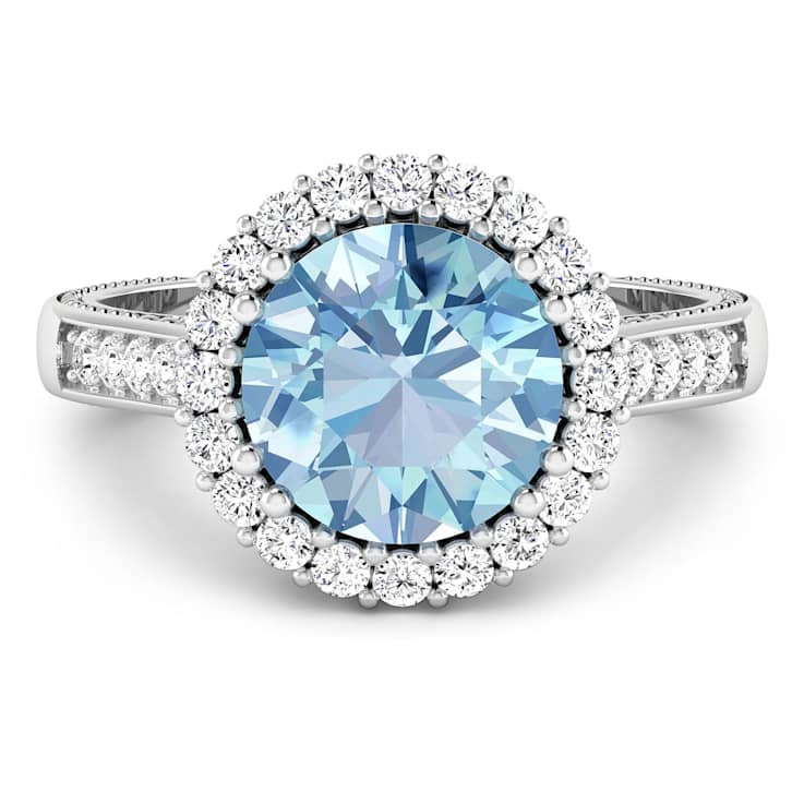 Round Blue Aquamarine and Diamond 14K White Gold Halo Ring 3.29 ctw