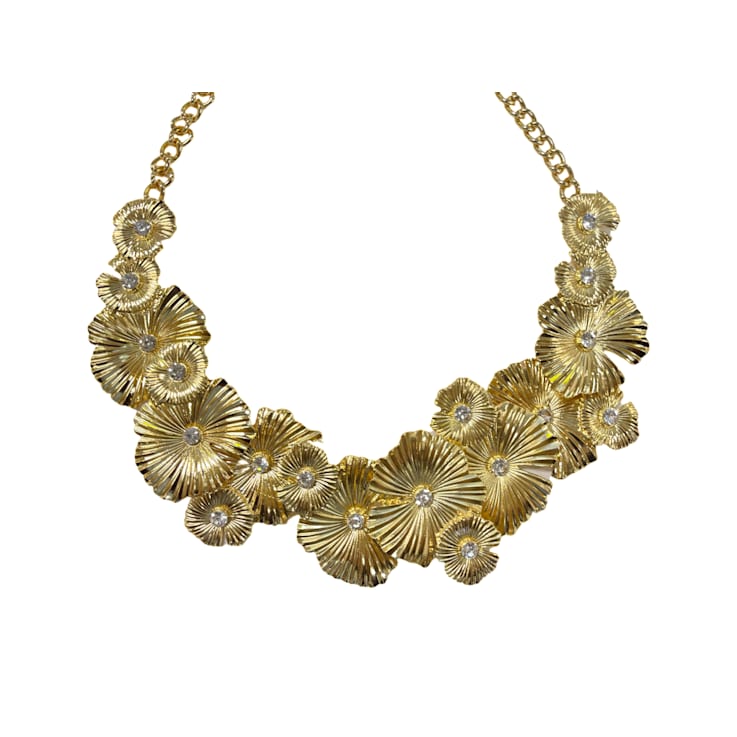 Gold Tone Metal Flower with Crystal Necklace
