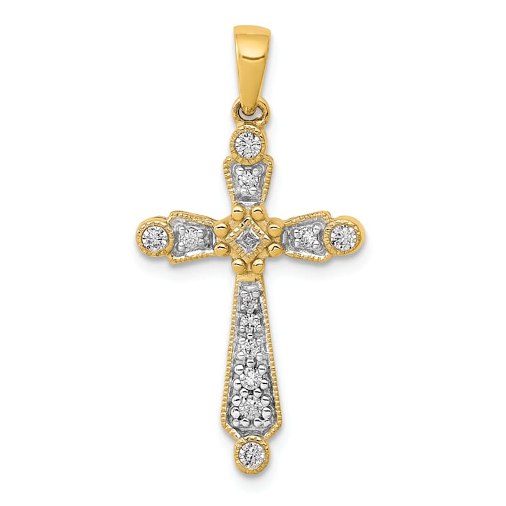 14k Yellow Gold and Rhodium over 14k Yellow Gold Diamond Cross Pendant