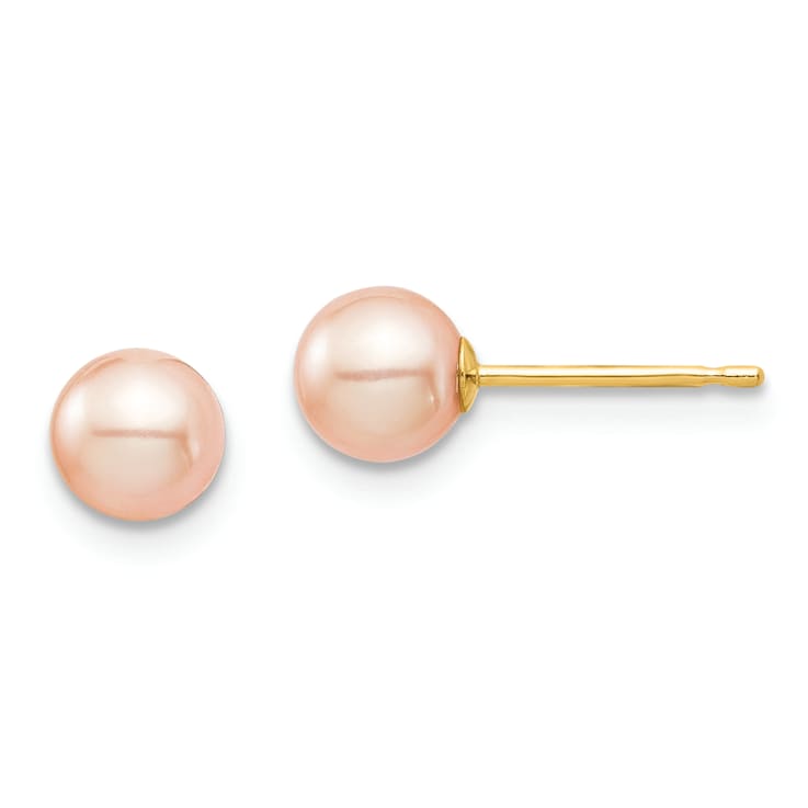 14K Yellow Gold 5-6mm Pink Round Freshwater Cultured Pearl Stud Post Earrings