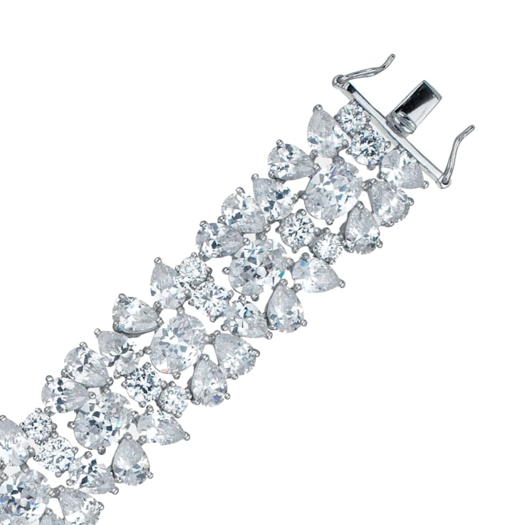 Colored Cubic Zirconia, Rhodium Plated over Sterling Silver Wide Flower Bracelet