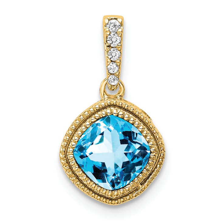 10k Yellow Gold Beaded 0.73 cttw Cushion Swiss Blue Topaz and 0.21 cttw
diamond Pendant