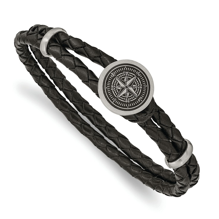 Black Leather and Stainless Steel Brushed Compass 8.5-inch Bracelet