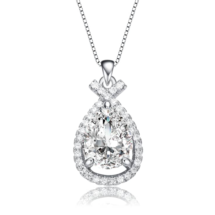 CZ Pear Shape Halo Pendant Necklace In White Rhodium Over Brass