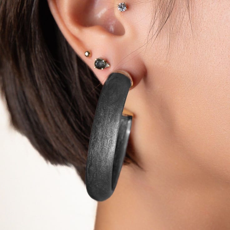 14K Yellow Gold Over Sterling Silver Medium Illusion Acrylic Hoops in Onyx