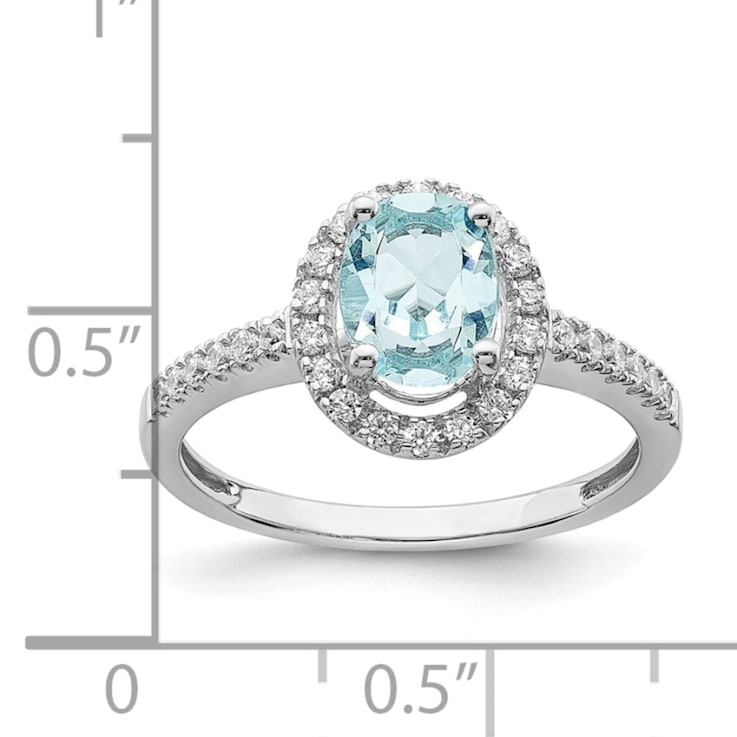Rhodium Over 14K White Gold Aquamarine Diamond Halo Engagement Ring