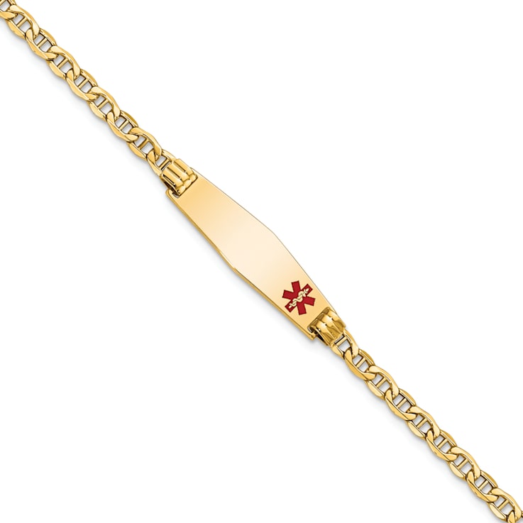 14k Yellow Gold Medical Soft Diamond Shape Red Enamel Mariner ID Bracelet