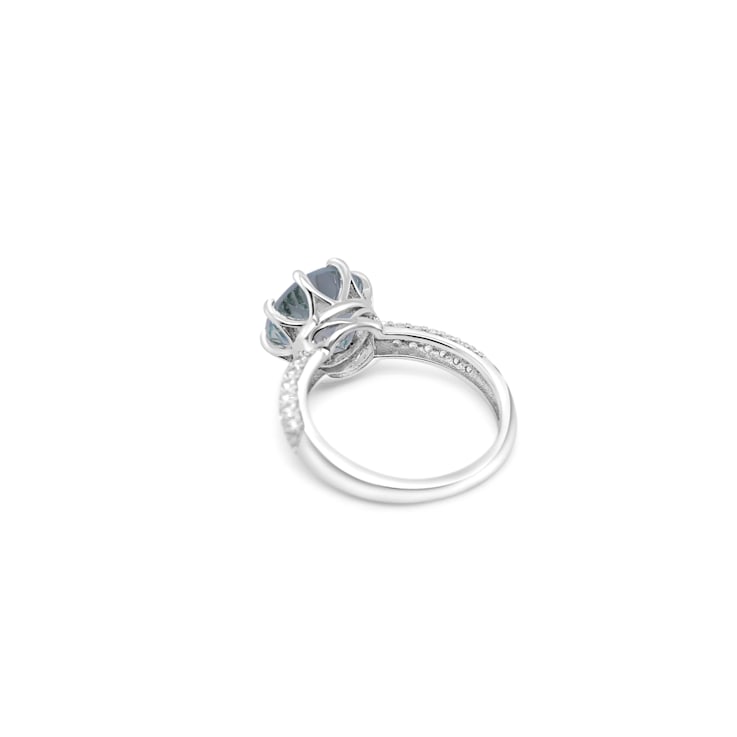 10mm Round Aquamarine and White CZ Rhodium Over Sterling Silver Ring, 3.62ctw