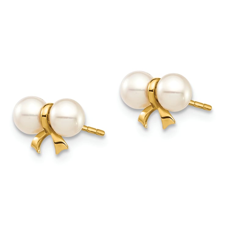 14k Yellow Gold 3-4mm White Round Freshwater Cultured Pearl Bow Stud Earrings