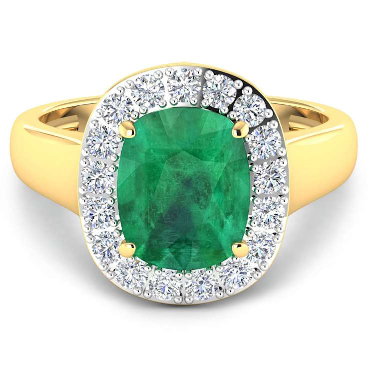 3.01ctw Green Emerald and Diamond 14K Yellow Gold Halo Ring