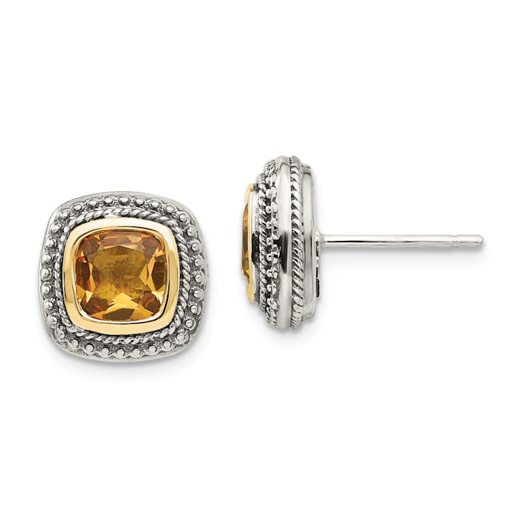 Sterling Silver Antiqued with 14K Accent Citrine Earrings