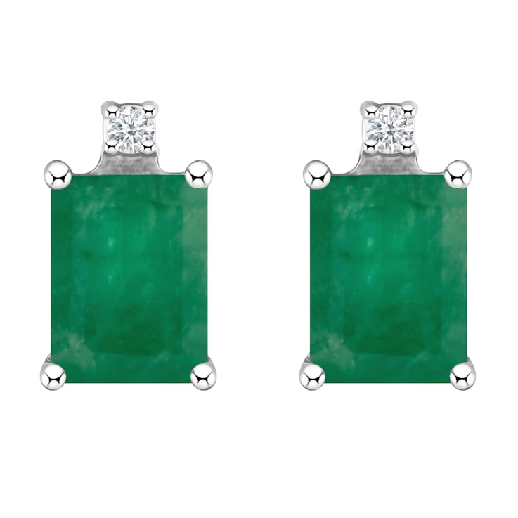 6x4mm Emerald Cut Emerald with Diamond Accents 14k White Gold Stud Earrings
