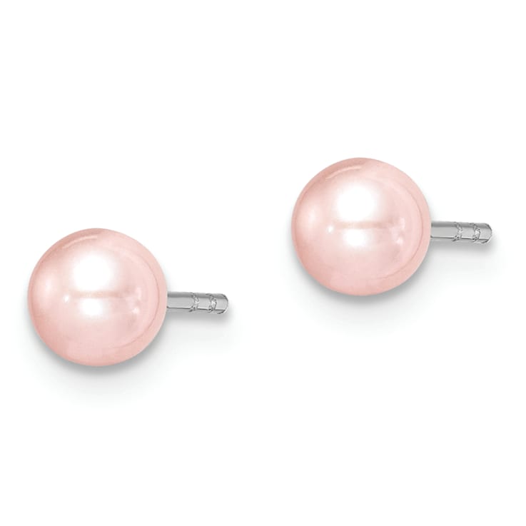 Rhodium Over Sterling Silver 4-5mm Pink Round FWC Pearl Stud Earrings