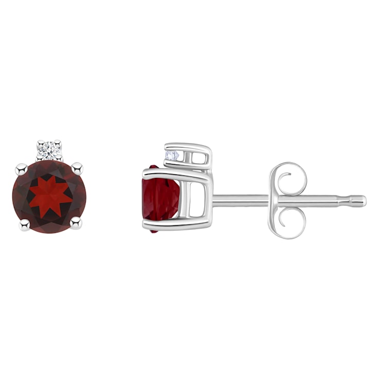 4mm Round Garnet with Diamond Accents 14k White Gold Stud Earrings