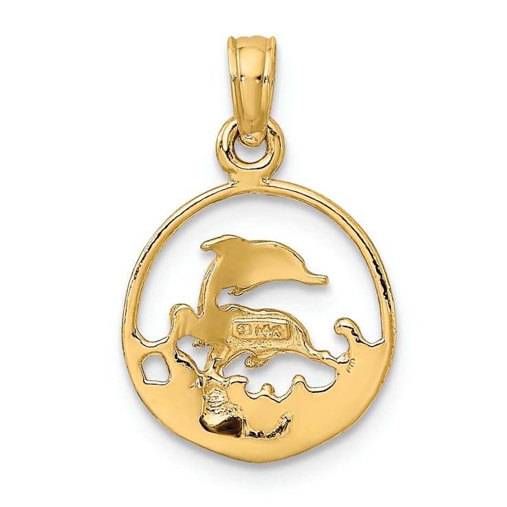 14k Yellow Gold Two Dolphins in Circle Pendant