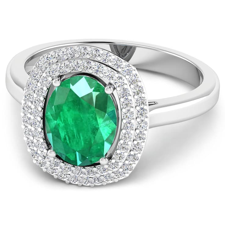 1.81ctw Green Emerald and Diamond 14K White Gold Halo Ring