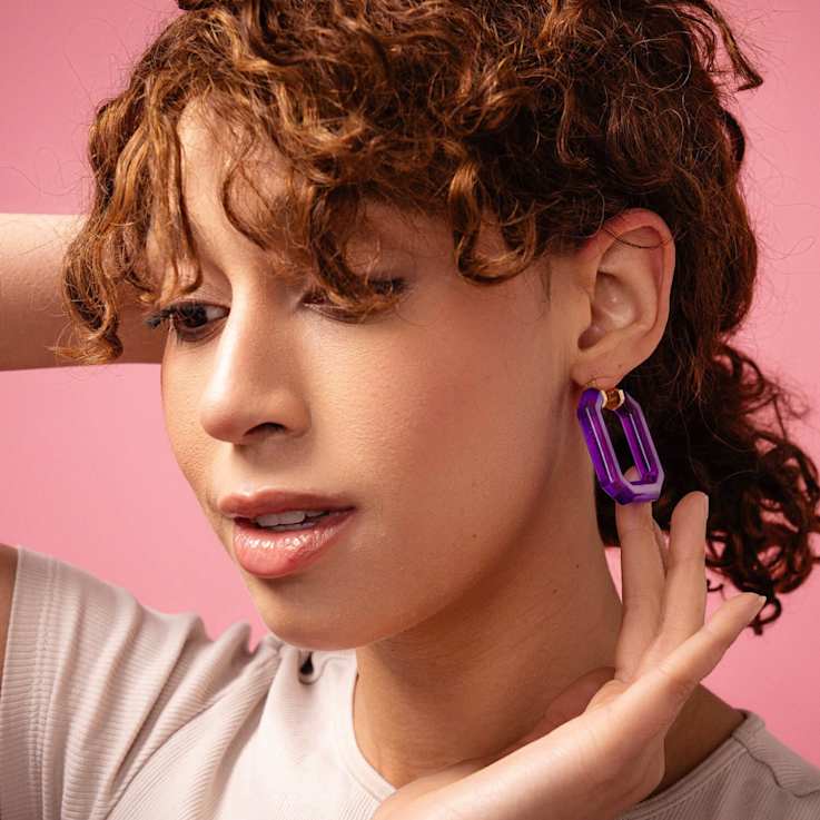 14K Yellow Gold Over Sterling Silver Acrylic Hoops in Purple