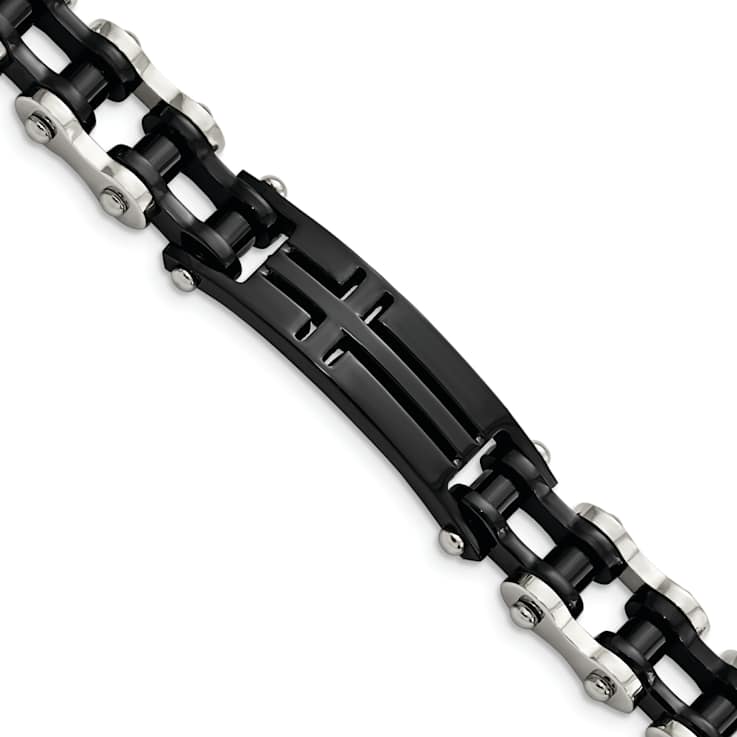 Stainless Steel Polished Black IP-plated Cross ID Bracelet