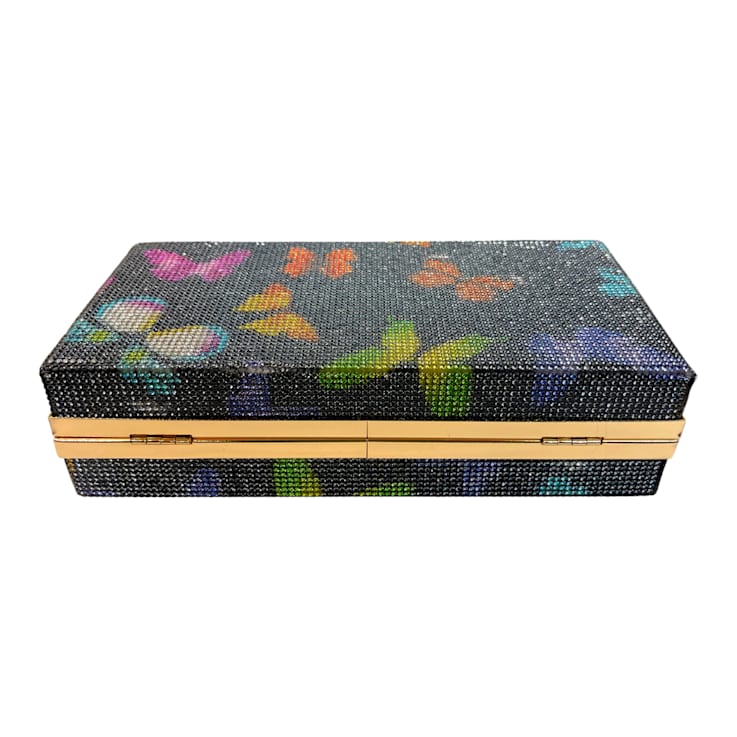 Gold Tone Black Crystal Multi Butterfly Rhinestones Square Clutch