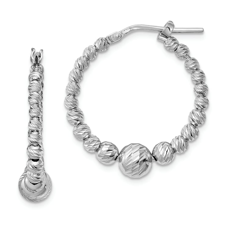 Rhodium Over Sterling Silver Diamond-cut Beaded Hoop Earrings