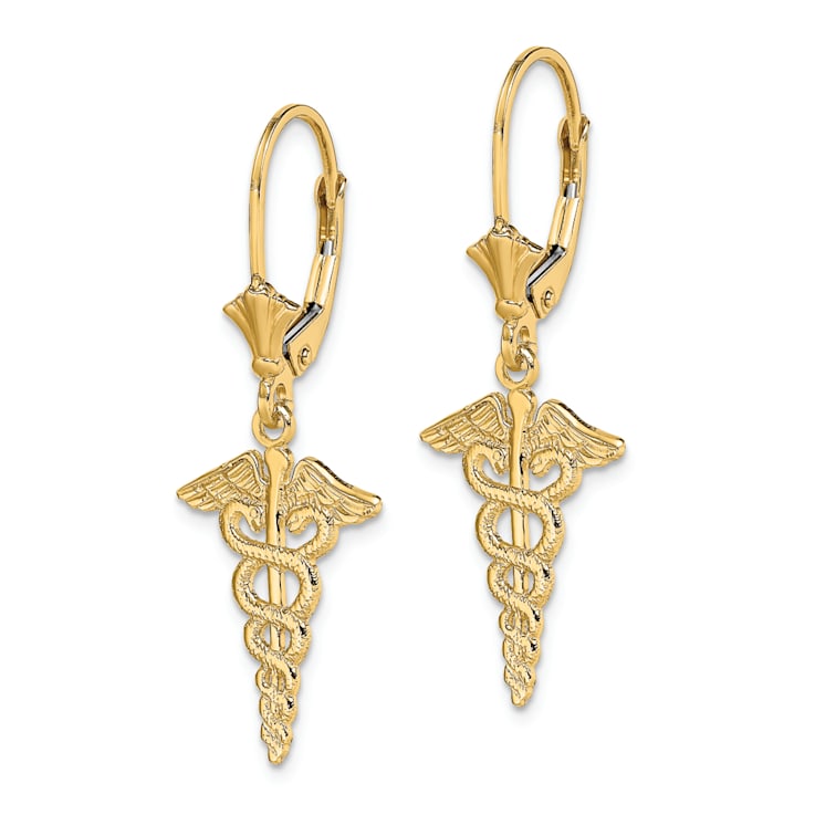 14K Yellow Gold Textured Caduceus Dangle Earrings