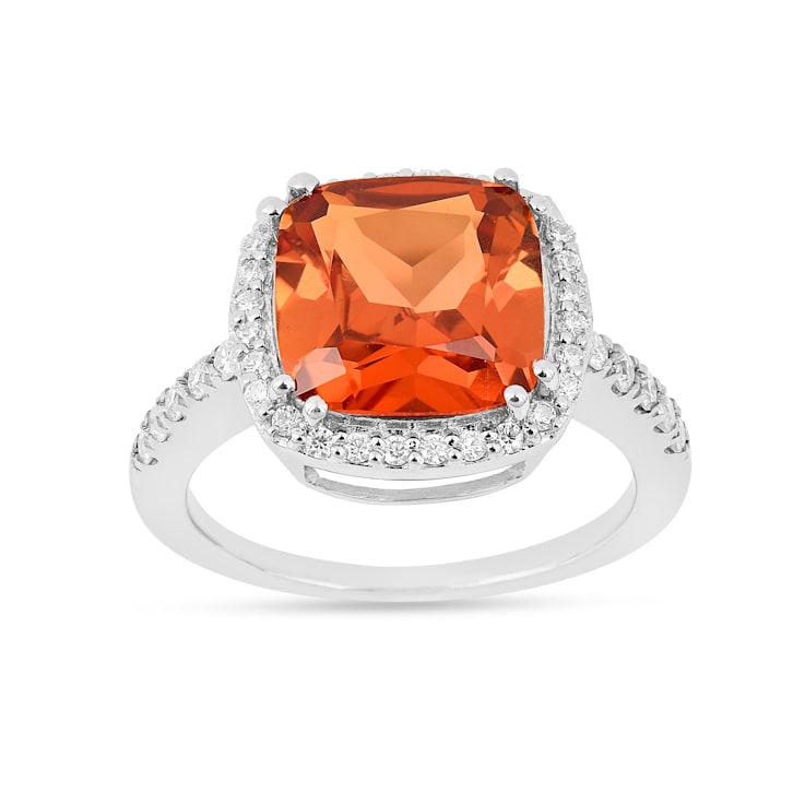 Peach Orange Lab Created Padparadscha Sapphire Rhodium Over Sterling
Silver Cushion Cut Halo Ring
