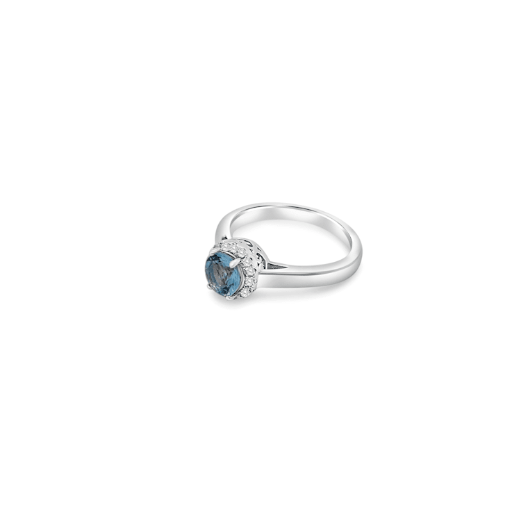 6mm Round Aqumarine and White CZ Rhodium Over Sterling Silver Ring , 0.73ctw