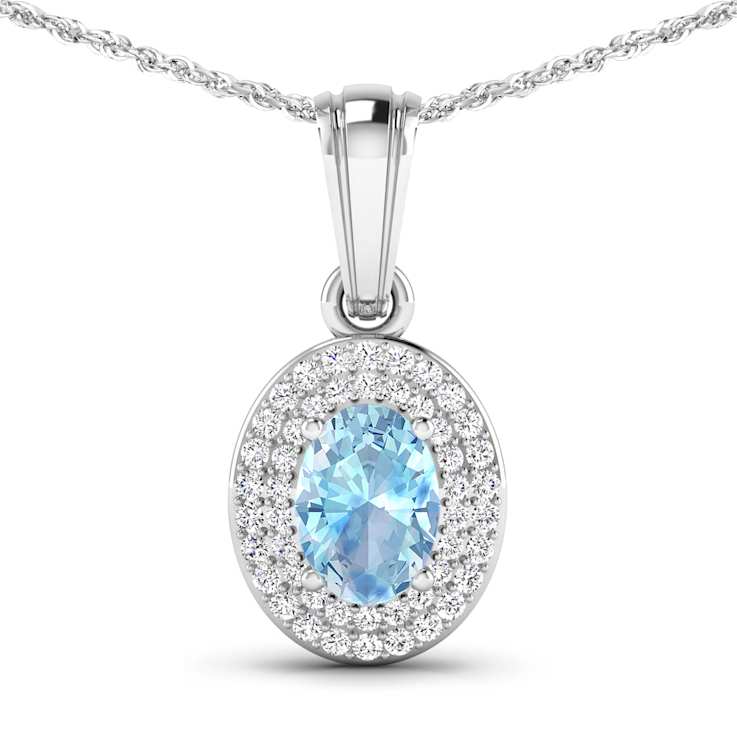 0.51ctw 14K White Gold Oval Aquamarine and White Diamond Pendant with 18
inch Cable Chain