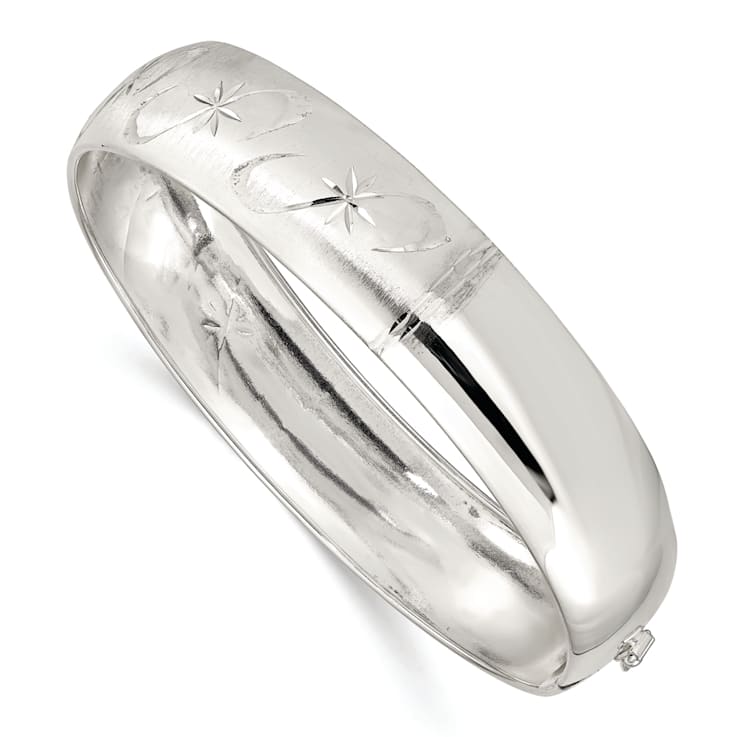 Sterling Silver Polished Diamond-cut and Textured Bangle