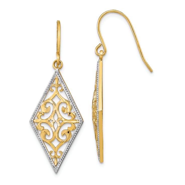 14K Yellow Gold and Rhodium Over 14K Yellow Gold Textured Diamond Shape
Filigree Dangle Earrings